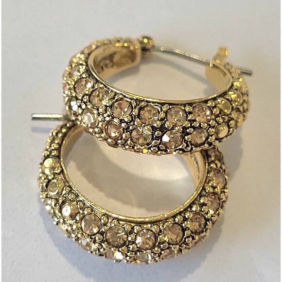 Monet Gold Rhinestone Hoop Earrings Signed Vintage Pierced - Picture 7 of 7